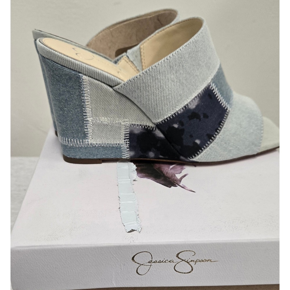 Jessica Simpson Aishia Denim Patchwork Wedge Sandals Light Vintage Combo 7W